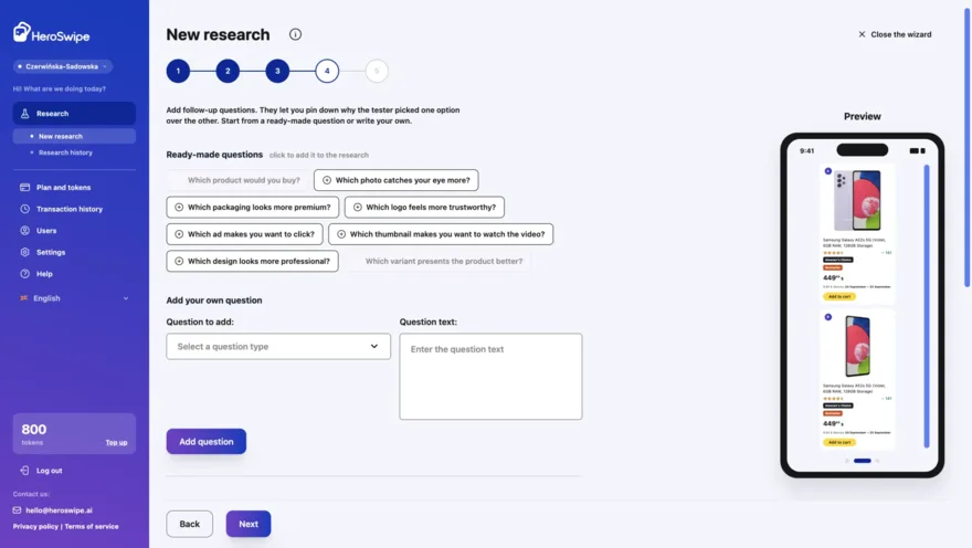 HeroSwipe dashboard showing a product content test with results